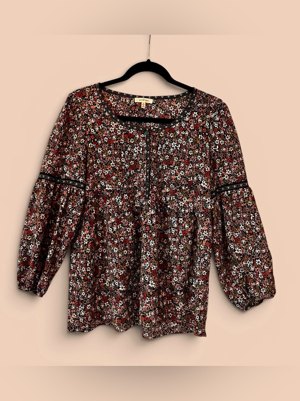 Max Studio Women's Floral Peasant Blouse - Peach, Green, White, Black - Small